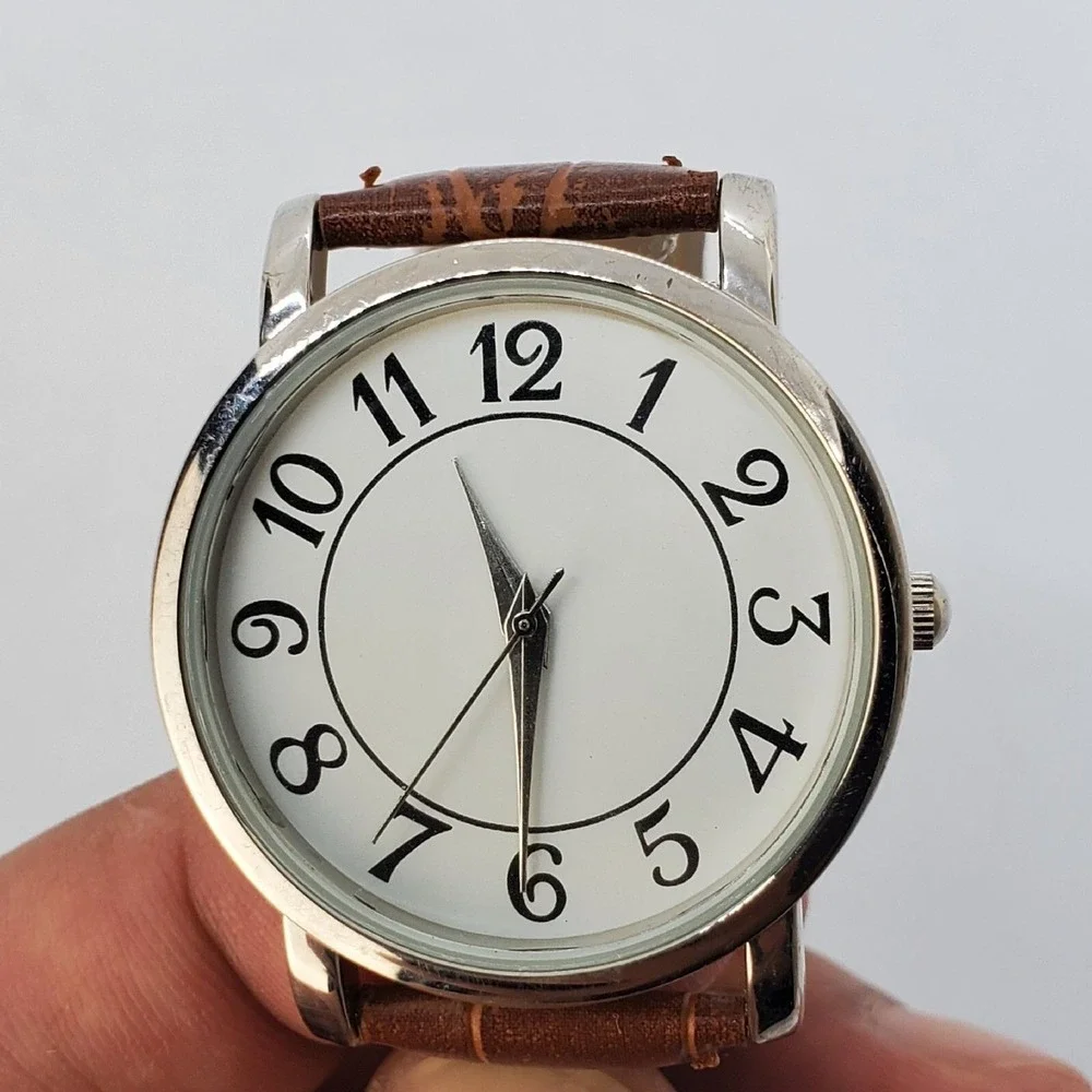 Women's Watch 34MM White Dial Gray Case Brown‎ Leather Bands New Battery